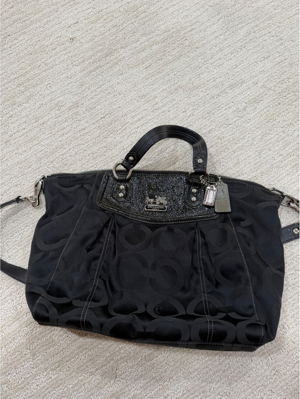 Coach Black Signature Tote Bag with Leather Trim